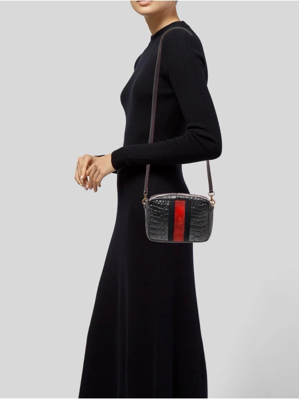 Clare V. Croc-Embossed Black Crossbody Bag with Red Center Stripe